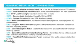 3
− DASH – Dynamic Adaptive Streaming over HTTP for live and on demand video; MPEG standard
− SAND – Server and network assisted DASH to enable interoperable metrics and client coordination
− HLS – HTTP Live Streaming for live and on demand video by Apple
− CMAF – Common Media Application Format for HLS and DASH
− CENC – Common Encryption for many DRM & delivery channels
− MSE – Media Source Extension to trick-function HTML5 video-objects via JavaScript (control AV
media streams)
− EME – Encrypted Media Extension to play back DRM-protected media in standard browsers w/o
the use of proprietary plug-ins
− CDM – Content Decryption Module - addition to the browser that provides functionality for one or
more Key Systems
− CPIX – Content Protection Information Exchange Format - standardizes the way entities involved
in the content creation workflow exchange protection information
− VMAF – Video Multi-Method Assessment Fusion- perceptual video quality assessment algorithm
by Netflix
DELIVERING MEDIA: TECH TO UNDERSTAND
 