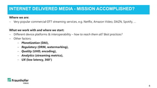 Where we are:
− Very popular commercial OTT streaming services, e.g. Netflix, Amazon Video, DAZN, Spotify, …
What we work with and where we start:
− Different device platforms & interoperability – how to reach them all? Best practices?
− Other factors:
− Monetization (DAI),
− Regulatory (DRM, watermarking),
− Quality (UHD, encoding),
− Analytics (streaming metrics),
− UX (low latency, 360°)
4
INTERNET DELIVERED MEDIA - MISSION ACCOMPLISHED?
 