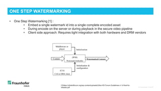 © Fraunhofer FOKUS
ONE STEP WATERMARKING
• One Step Watermarking [1] :
• Embed a single watermark id into a single complete encoded asset
• During encode on the server or during playback in the secure video pipeline
• Client side approach: Requires tight integration with both hardware and DRM vendors
[1]https://ultrahdforum.org/wp-content/uploads/Ultra-HD-Forum-Guidelines-v1.4-final-for-
release.pdf
 