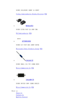 DIODE AVALANCHE 1000V 1A SOD57
Vishay Semiconductor Diodes Division RFQ
 MURA110T3
DIODE ULTRA FAST 2A 100V SMA
ON Semiconductor RFQ
 APT60D100SG
DIODE ULT FAST 60A 1000V D3PAK
Microsemi Power Products Group RFQ
 1N4148-TP
DIODE SMALL SIG 75V 150MA DO35
Micro Commercial Co RFQ
 1N4148W-TP
DIODE SWITCH 100V 150MA SOD123
Micro Commercial Co RFQ
About us
About Us
Contact Us
Quality Control
 