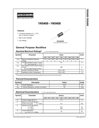 1N5400-1N5408
1N5400-1N5408, Rev. C
2001 Fairchild Semiconductor Corporation
1N5400 - 1N5408
General Purpose Rectifiers
Absolute Maximum Ratings* TA
= 25°C unless otherwise noted
*These ratings are limiting values above which the serviceability of any semiconductor device may be impaired.
Electrical Characteristics TA
= 25°C unless otherwise noted
Features
• 3.0 ampere operation at TA
= 75°C
with no thermal runaway.
• High current capability.
• Low leakage.
DO-201AD
COLOR BAND DENOTES CATHODE
Symbol Parameter Device Units
5400 5401 5402 5403 5404 5405 5406 5407 5408
VF Forward Voltage @ 3.0 A 1.2 V
Irr Maximum Full Load Reverse
Current, Full Cycle TA = 105°C 0.5 mA
IR Reverse Current @ rated VR
TA = 25°C
TA = 100°C
5.0
500
µA
µA
CT Toatal Capacitance
VR = 4.0 V, f = 1.0 MHz
30 pF
Symbol Parameter Value Units
5400 5401 5402 5403 5404 5405 5406 5407 5408
VRRM Maximum Repetitive Reverse
Voltage
50 100 200 300 400 500 600 800 1000 V
IF(AV) Average Rectified Forward Current,
.375 " lead length @ TA = 75°C
3.0 A
IFSM Non-repetitive Peak Forward Surge
Current
8.3 ms Single Half-Sine-Wave
200 A
Tstg
Storage Temperature Range -55 to +150 °C
TJ Operating Junction Temperature -55 to +150 °C
Symbol Parameter Value Units
PD Power Dissipation 6.25 W
RθJA Thermal Resistance, Junction to Ambient 20 °C/W
Thermal Characteristics
 