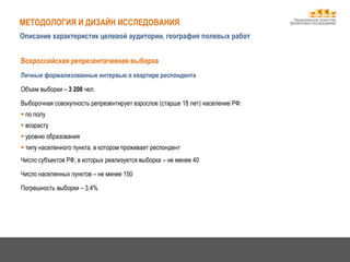 МЕТОДОЛОГИЯ И ДИЗАЙН ИССЛЕДОВАНИЯ Национальное агентство
финансовых исследований
Всероссийская репрезентативная выборка
Личные формализованные интервью в квартире респондента
Объем выборки – 3 200 чел.
Выборочная совокупность репрезентирует взрослое (старше 18 лет) население РФ:
 по полу
 возрасту
 уровню образования
 типу населенного пункта, в котором проживает респондент
Число субъектов РФ, в которых реализуется выборка – не менее 40
Число населенных пунктов – не менее 150
Погрешность выборки – 3,4%
Описание характеристик целевой аудитории, география полевых работ
 