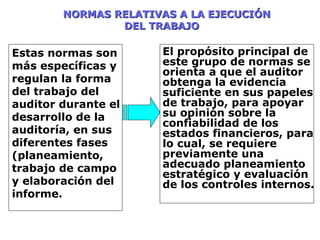 NORMAS RELATIVAS A LA EJECUCIÓNNORMAS RELATIVAS A LA EJECUCIÓN
DEL TRABAJODEL TRABAJO
El propósito principal de
este grupo de normas se
orienta a que el auditor
obtenga la evidencia
suficiente en sus papeles
de trabajo, para apoyar
su opinión sobre la
confiabilidad de los
estados financieros, para
lo cual, se requiere
previamente una
adecuado planeamiento
estratégico y evaluación
de los controles internos.
Estas normas son
más específicas y
regulan la forma
del trabajo del
auditor durante el
desarrollo de la
auditoría, en sus
diferentes fases
(planeamiento,
trabajo de campo
y elaboración del
informe.
 