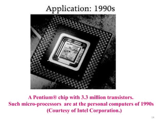A Pentium® chip with 3.3 million transistors.
Such micro-processors are at the personal computers of 1990s
(Courtesy of Intel Corporation.)
14
 