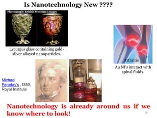 Photograph: British Museum Images
Lycurgus glass containing gold-
silver alloyed nanoparticles.
Au NPs interact with
spinal fluids.
Arthritis
Is Nanotechnology New ????
Nanotechnology is already around us if we
know where to look! 20
Michael
Faraday’s ,1850,
Royal Institute
 