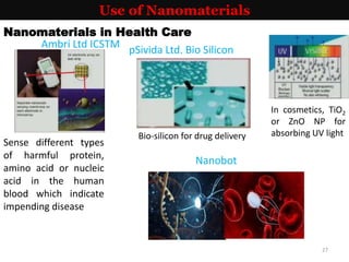 Use of Nanomaterials
Nanomaterials in Health Care
pSivida Ltd. Bio Silicon
Bio-silicon for drug delivery
Ambri Ltd ICSTM
Sense different types
of harmful protein,
amino acid or nucleic
acid in the human
blood which indicate
impending disease
In cosmetics, TiO2
or ZnO NP for
absorbing UV light
Nanobot
27
 