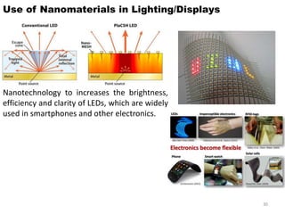 Use of Nanomaterials in Lighting/Displays
Nanotechnology to increases the brightness,
efficiency and clarity of LEDs, which are widely
used in smartphones and other electronics.
30
 
