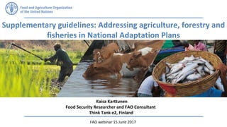 Supplementary guidelines: Addressing agriculture, forestry and
fisheries in National Adaptation Plans
FAO webinar 15 June 2017
Kaisa Karttunen
Food Security Researcher and FAO Consultant
Think Tank e2, Finland
 