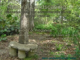 It avoids or mitigatess
habitat/wildlife loss: replacing forests with cities
and prairies with farmland
pollution of groundwater and soil
pesticides to kill weeds and insects
electro-smog: microwave radiation
from cell phone towers
search results environmental impact
 