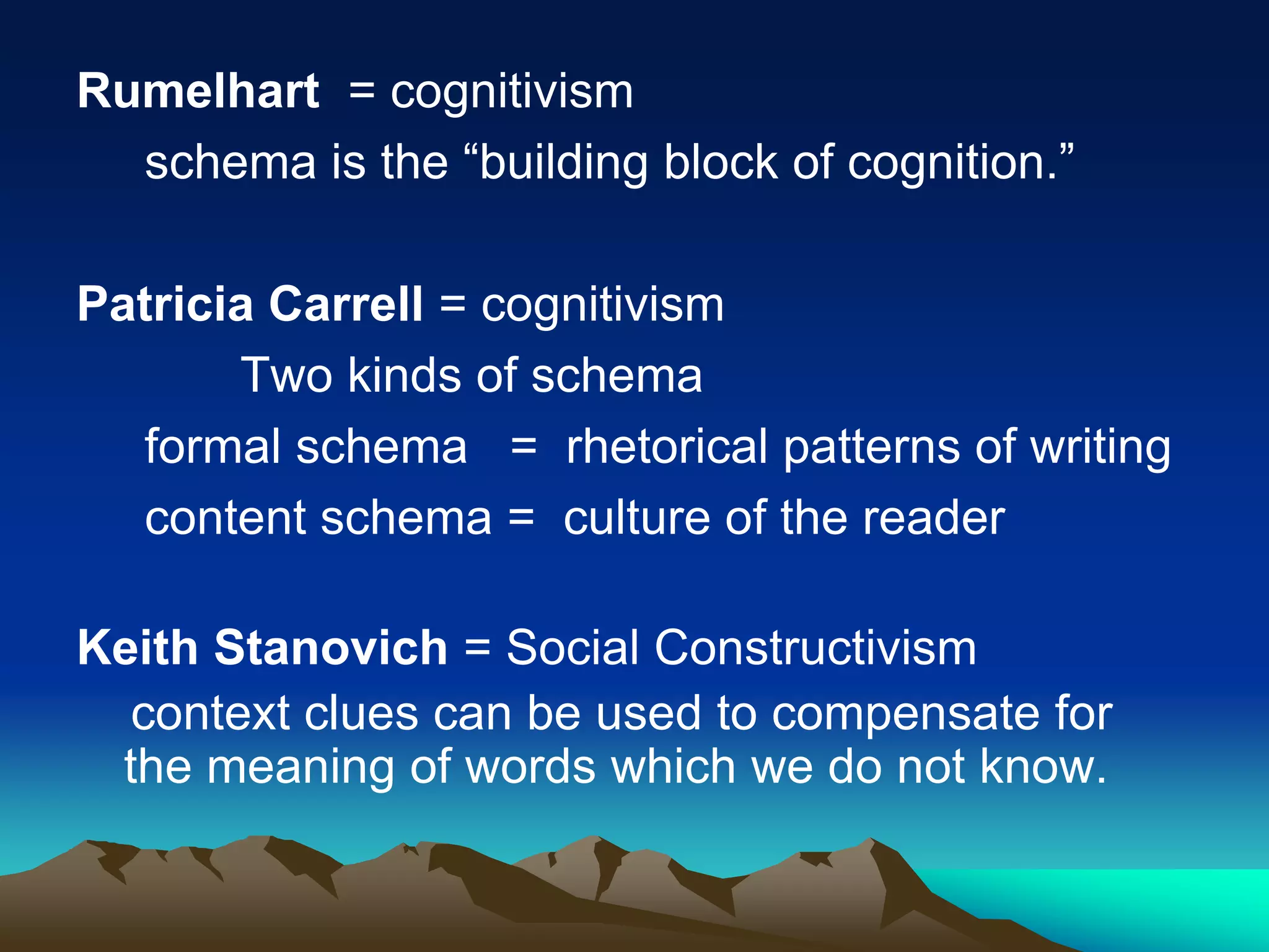 Rumelhart = cognitivism
schema is the “building block of cognition.”
Patricia Carrell = cognitivism
Two kinds of schema
formal schema = rhetorical patterns of writing
content schema = culture of the reader
Keith Stanovich = Social Constructivism
context clues can be used to compensate for
the meaning of words which we do not know.
 