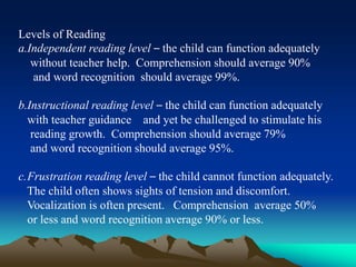 Levels of Reading
a.Independent reading level – the child can function adequately
without teacher help. Comprehension should average 90%
and word recognition should average 99%.
b.Instructional reading level – the child can function adequately
with teacher guidance and yet be challenged to stimulate his
reading growth. Comprehension should average 79%
and word recognition should average 95%.
c.Frustration reading level – the child cannot function adequately.
The child often shows sights of tension and discomfort.
Vocalization is often present. Comprehension average 50%
or less and word recognition average 90% or less.
 
