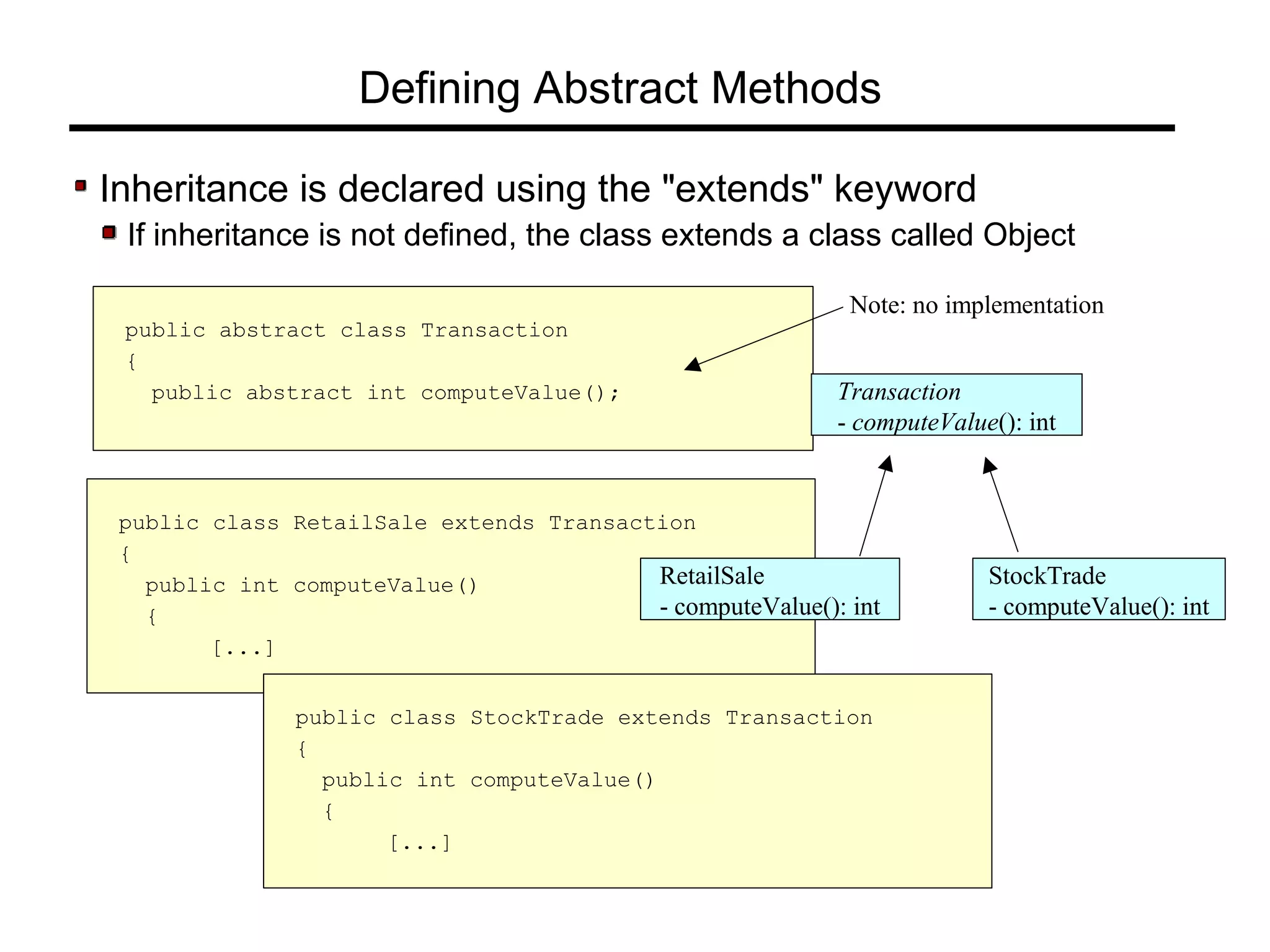 Defining Abstract Methods
Inheritance is declared using the "extends" keyword
If inheritance is not defined, the class extends a class called Object
public abstract class Transaction
{
public abstract int computeValue();
public class RetailSale extends Transaction
{
public int computeValue()
{
[...]
Transaction
- computeValue(): int
RetailSale
- computeValue(): int
StockTrade
- computeValue(): int
public class StockTrade extends Transaction
{
public int computeValue()
{
[...]
Note: no implementation
 