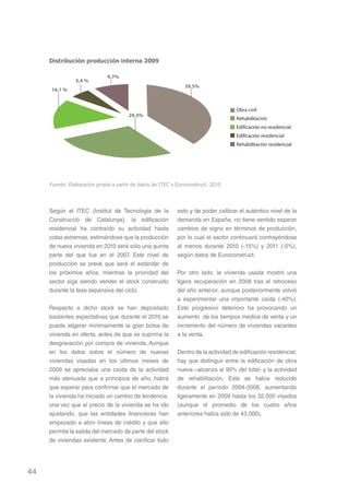Distribución producción interna 2009

                             9,7%
                5,4 %
                                                               39,5%
     16,1 %


                                                                                    Obra civil
                                       29,3%
                                                                                    Rehabilitación
                                                                                    Edi cación no residencial
                                                                                    Edi cación residencial
                                                                                    Rehabilitación residencial




     Fuente: Elaboración propia a partir de datos de ITEC y Euroconstruct. 2010




     Según el ITEC (Institut de Tecnologia de la            esto y de poder calibrar el auténtico nivel de la
     Construcció de Catalunya), la edificación              demanda en España, no tiene sentido esperar
     residencial ha contraído su actividad hasta            cambios de signo en términos de producción,
     cotas extremas, estimándose que la producción          por lo cual el sector continuará contrayéndose
     de nueva vivienda en 2010 será sólo una quinta         al menos durante 2010 (-15%) y 2011 (-5%),
     parte del que fue en el 2007. Este nivel de            según datos de Euroconstruct.
     producción se prevé que será el estándar de
     los próximos años, mientras la prioridad del           Por otro lado, la vivienda usada mostró una
     sector siga siendo vender el stock construido          ligera recuperación en 2008 tras el retroceso
     durante la fase expansiva del ciclo.                   del año anterior, aunque posteriormente volvió
                                                            a experimentar una importante caída (-40%).
     Respecto a dicho stock se han depositado               Este progresivo deterioro ha provocando un
     bastantes expectativas que durante el 2010 se          aumento de los tiempos medios de venta y un
     pueda aligerar mínimamente la gran bolsa de            incremento del número de viviendas vacantes
     vivienda en oferta, antes de que se suprima la         a la venta.
     desgravación por compra de vivienda. Aunque
     en los datos sobre el número de nuevas                 Dentro de la actividad de edificación residencial,
     viviendas visadas en los últimos meses de              hay que distinguir entre la edificación de obra
     2009 se apreciaba una caída de la actividad            nueva –alcanza al 90% del total- y la actividad
     más atenuada que a principios de año, habrá            de rehabilitación. Esta se había reducido
     que esperar para confirmar que el mercado de           durante el período 2004-2008, aumentando
     la vivienda ha iniciado un cambio de tendencia,        ligeramente en 2009 hasta los 32.000 visados
     una vez que el precio de la vivienda se ha ido         (aunque el promedio de los cuatro años
     ajustando, que las entidades financieras han           anteriores había sido de 43.000).
     empezado a abrir líneas de crédito y que ello
     permita la salida del mercado de parte del stock
     de viviendas existente. Antes de clarificar todo




44
 