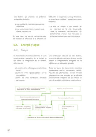 dos factores que propician los problemas                   CO2, polvo en suspensión, ruidos y vibraciones,
      ambientales derivados:                                     vertidos al agua, residuos y exceso de consumo
                                                                 energético.
       a. gran cantidad de materiales pulverulentos
          empleados.                                             3. La fase de empleo o uso racional de
       b. gran consumo de energía necesario para                    los materiales es la más desconocida
          obtener los productos.                                    desde la perspectiva medioambiental. Los
                                                                    contaminantes y toxinas más habituales en
     En este caso, los efectos medioambientales                     ambientes interiores y sus efectos biológicos.
     se traducen en emisiones a la atmósfera de


     6.4.       Energía y agua
     6.4.1. Energía

     El planeamiento urbanístico determina el futuro              Una combinación adecuada de estos factores,
     comportamiento energético de la ciudad ya                    junto con la aplicación de criterios técnicos, permite
     que define la configuración de un territorio,                predecir el comportamiento energético de los
     determinando:                                                edificios para su adecuación favorable.


      a. la posición de los edificios y sus características       Todas las figuras de planeamiento urbanístico
         físicas,                                                 (Planeamiento Director, Planeamiento General,
      b. su relación con los espacios públicos y con los          Proyectos de Urbanización) pueden introducir
         otros edificios,                                         consideraciones que redunden en un eficiente
      c. dentro de unas condiciones climáticas                    comportamiento energético de los edificios así
         particulares.+                                           como de la calidad ambiental del espacio urbano.



         La eficiencia energética como mecanismo para la
                                                                                 Objetivos de planteamiento
         preservación del medio ambiente natural




               Determinaciones de planteamiento
                                                                                   Herramientas de valoración
                 Determinaciones de edificación




                                          Otros mecanismos de
        La Normatica urbanística y                                                        Ordenación física del
                                          incentivo: Pactos, acuerdos,
        ordenanzas de edificación                                                         territorio
                                          concursos




                            Ordenación del territorio con criterios de eficiencia energética




68
 