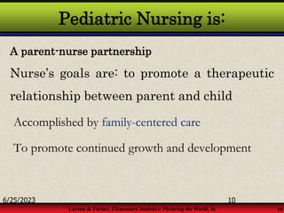 Larson & Farber, Elementary Statistics: Picturing the World, 3e 10
Pediatric Nursing is:
A parent-nurse partnership
Nurse’s goals are: to promote a therapeutic
relationship between parent and child
Accomplished by family-centered care
To promote continued growth and development
6/25/2023 10
 