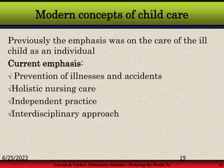 Larson & Farber, Elementary Statistics: Picturing the World, 3e 19
Modern concepts of child care
Previously the emphasis was on the care of the ill
child as an individual
Current emphasis:
 Prevention of illnesses and accidents
Holistic nursing care
Independent practice
Interdisciplinary approach
6/25/2023 19
 