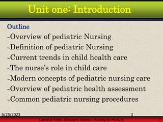 Larson & Farber, Elementary Statistics: Picturing the World, 3e 3
Unit one: Introduction
Outline
Overview of pediatric Nursing
Definition of pediatric Nursing
Current trends in child health care
The nurse’s role in child care
Modern concepts of pediatric nursing care
Overview of pediatric health assessment
Common pediatric nursing procedures
6/25/2023 3
 