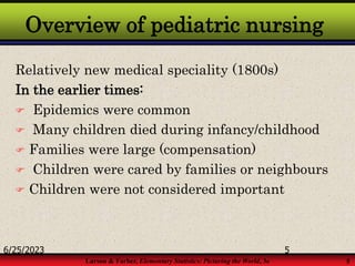 Larson & Farber, Elementary Statistics: Picturing the World, 3e 5
Overview of pediatric nursing
Relatively new medical speciality (1800s)
In the earlier times:
 Epidemics were common
 Many children died during infancy/childhood
 Families were large (compensation)
 Children were cared by families or neighbours
 Children were not considered important
6/25/2023 5
 