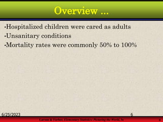 Larson & Farber, Elementary Statistics: Picturing the World, 3e 6
Overview ...
•Hospitalized children were cared as adults
•Unsanitary conditions
•Mortality rates were commonly 50% to 100%
6/25/2023 6
 
