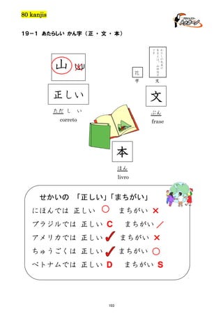 80 kanjis
１９－１ あたらしい かん字 （正 ・ 文 ・ 本）
で
す

山
花

字

名
ま
え
は
、
山
田
花
子

わ
た
し
の
先
生
の

文

正しい

文

ただ し

ぶん

い

correto

frase

本
ほん
livro

せかいの 「正しい」
「まちがい」
にほんでは 正しい

まちがい ×

ブラジルでは 正しい Ｃ

まちがい

アメリカでは 正しい

まちがい ×

ちゅうごくは 正しい

まちがい

ベトナムでは 正しい Ｄ

103

まちがい Ｓ

 
