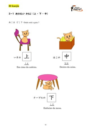 80 kanjis
３－１ あたらしい かんじ （上 ・ 下 ・ 中）

ねこは どこ？ Onde está o gato ?

いすの

上

はこの

中
なか

うえ

Dentro da caixa.

Em cima da cadeira.

テーブルの

下
した

Embaixo da mesa.

12

 