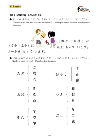 80 kanjis
１から ２０までの ふくしゅう （２）
●（

）の 中から ことばを えらんで、えに あう ぶんに して ください。

Escolha uma das palavras que estão nos (
desenho.

) e complete cada frase de acordo com o

（右手・左手）に
（右手・左手）に

花を もって います。

ノートを もって います。
● どの かんじが ただしいですか。
ただしい ものに ○を つけて ください。
Qual é o kanji correto?

Circule o kanji correto.

みぎ

左
石
右

あお

青
赤
白

そら

千
百
白

ひゃく

つき

むし

学
空
字
122

日
目
月
足
名
虫

 