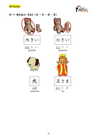 80 kanjis
９－１ あたらしい かんじ （大 ・ 小 ・ 犬 ・ 王）

大きい

小さい

おお き い
grande

ちい さ い
pequeno

犬

王さま

いぬ
cachorro

おう さ ま
rei

46

 