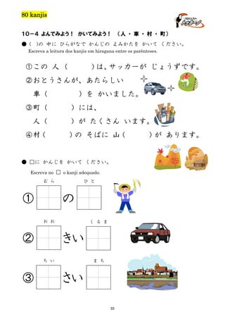 80 kanjis
１０－４ よんでみよう！ かいてみよう！
● (

（人 ・ 車 ・ 村 ・ 町）

)の 中に ひらがなで かんじの よみかたを かいて ください。

Escreva a leitura dos kanjis em hiragana entre os parênteses.

①この 人 （

） サッカーが じょうずです。
は、

②おとうさんが、あたらしい
車（
③町（
人（
④村
（

）を かいました。
）には、
）が たくさん います。
） そばに 山
の
（

● □に かんじを かいて ください。
Escreva no □ o kanji adequado.
む ら

①

ひ と

の
お お

②

く る ま

きい
ち い

③

ま ち

さい
55

） あります。
が

 