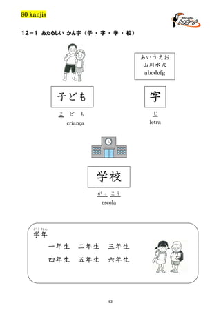 80 kanjis
１２－１ あたらしい かん字 （子 ・ 字 ・ 学 ・ 校）

あいうえお
山川水火
abcdefg

字

子ども
こ

ど

じ

も

letra

criança

学校
がっ こう
escola

がくねん

学年
一年生

二年生

三年生

四年生

五年生

六年生

63

 