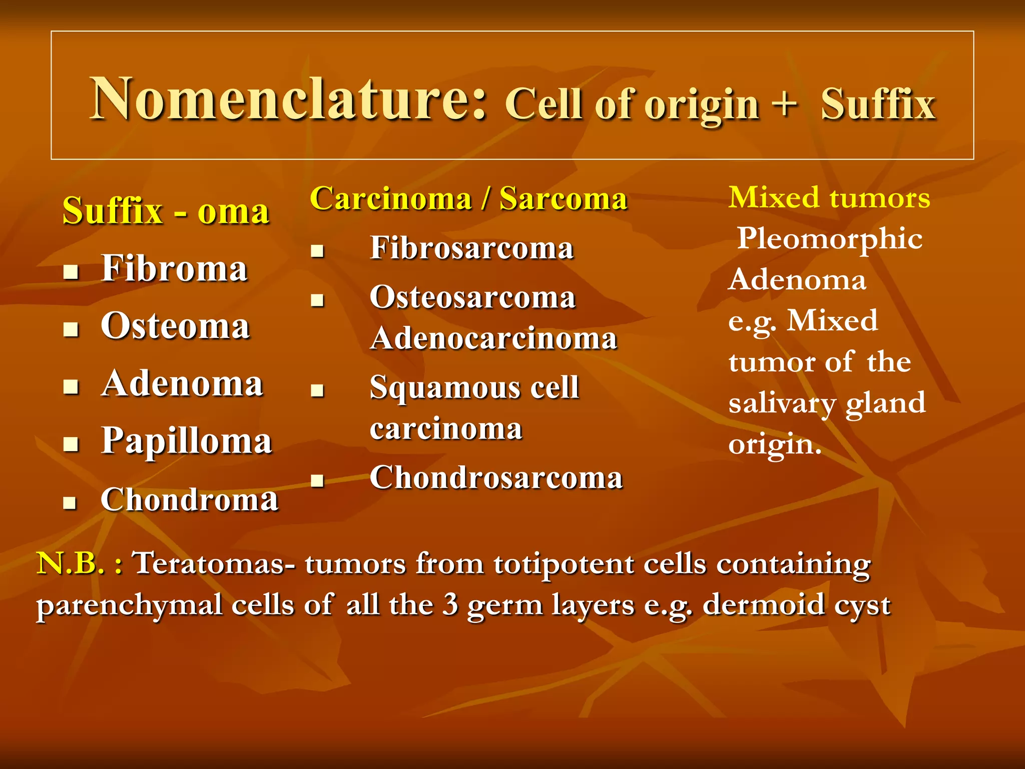 Nomenclature: Cell of origin + Suffix
Suffix - oma
 Fibroma
 Osteoma
 Adenoma
 Papilloma
 Chondroma
Carcinoma / Sarcoma
 Fibrosarcoma
 Osteosarcoma
Adenocarcinoma
 Squamous cell
carcinoma
 Chondrosarcoma
N.B. : Teratomas- tumors from totipotent cells containing
parenchymal cells of all the 3 germ layers e.g. dermoid cyst
Mixed tumors
Pleomorphic
Adenoma
e.g. Mixed
tumor of the
salivary gland
origin.
 