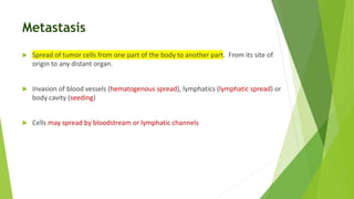 Metastasis
 Spread of tumor cells from one part of the body to another part. From its site of
origin to any distant organ.
 Invasion of blood vessels (hematogenous spread), lymphatics (lymphatic spread) or
body cavity (seeding)
 Cells may spread by bloodstream or lymphatic channels
 