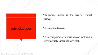 Introduction
Trigeminal nerve is the largest cranial
nerve.
It is a mixed nerve.
It is composed of a small motor root and a
considerably larger sensory root.
Chaurasia BD. Human anatomy. New Delhi, India: CBS Publisher; 2004.
 