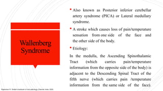 Wallenberg
Syndrome
 Also known as Posterior inferior cerebellar
artery syndrome (PICA) or Lateral medullary
syndrome.
 A stroke which causes loss of pain/temperature
sensation from one side of the face and
the other side of the body.
 Etiology:
In the medulla, the Ascending Spinothalamic
Tract (which carries pain/temperature
information from the opposite side of the body) is
adjacent to the Descending Spinal Tract of the
fifth nerve (which carries pain /temperature
information from the same side of the face).
Rajendran R. Shafer's textbook of oral pathology. Elsevier India; 2009.
 