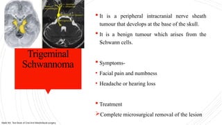 Trigeminal
Schwannoma
 It is a peripheral intracranial nerve sheath
tumour that develops at the base of the skull.
 It is a benign tumour which arises from the
Schwann cells.
 Symptoms-
• Facial pain and numbness
• Headache or hearing loss
 Treatment
Complete microsurgical removal of the lesion
Malik NA. Text Book of Oral And Maxillofacial surgery.
 
