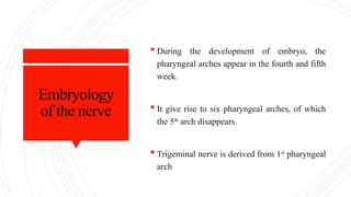 Embryology
of the nerve
 During the development of embryo, the
pharyngeal arches appear in the fourth and fifth
week.
 It give rise to six pharyngeal arches, of which
the 5th
arch disappears.
 Trigeminal nerve is derived from 1st
pharyngeal
arch
 