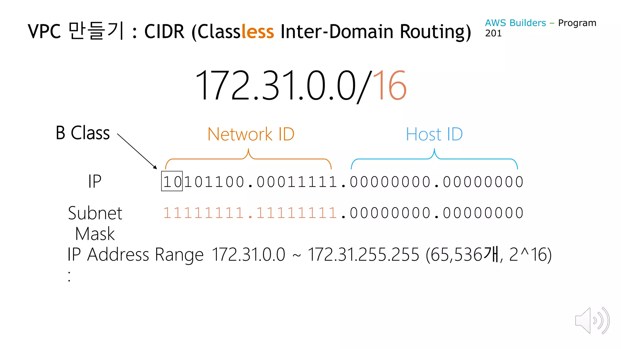 VPC 만들기 : CIDR (Classless Inter-Domain Routing)
172.31.0.0/16
10101100.00011111.00000000.00000000IP
11111111.11111111.00000000.00000000Subnet
Mask
Network ID Host ID
IP Address Range
:
B Class
172.31.0.0 ~ 172.31.255.255 (65,536개, 2^16)
AWS Builders – Program
201
 
