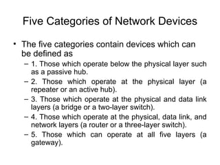 Five Categories of Network Devices
• The five categories contain devices which can
be defined as
– 1. Those which operate below the physical layer such
as a passive hub.
– 2. Those which operate at the physical layer (a
repeater or an active hub).
– 3. Those which operate at the physical and data link
layers (a bridge or a two-layer switch).
– 4. Those which operate at the physical, data link, and
network layers (a router or a three-layer switch).
– 5. Those which can operate at all five layers (a
gateway).
 