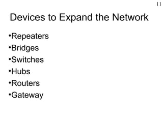 •Repeaters
•Bridges
•Switches
•Hubs
•Routers
•Gateway
11
Devices to Expand the Network
 
