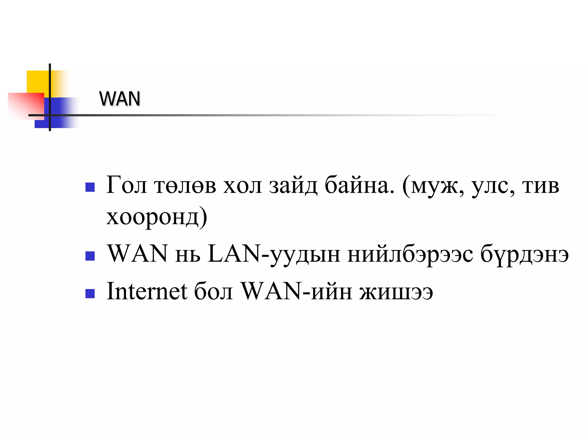 WAN



   Гол төлөв хол зайд байна. (муж, улс, тив
    хооронд)
   WAN нь LAN-уудын нийлбэрээс бүрдэнэ
   Internet бол WAN-ийн жишээ
 