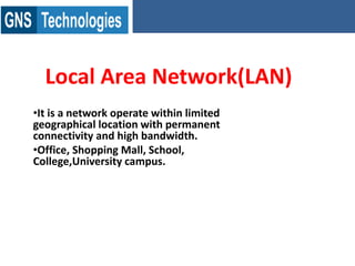 Local Area Network(LAN)
•It is a network operate within limited
geographical location with permanent
connectivity and high bandwidth.
•Office, Shopping Mall, School,
College,University campus.
 