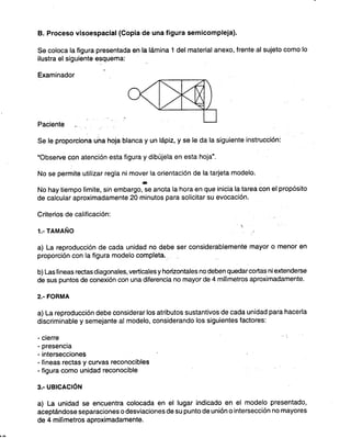 .
B. Proceso vlsoespaclal (Copla de una figura semicompleja).
Secolocala figura presentada en la lámina 1 del material anexo, frente al sujeto como lo
ilustra el siguiente esquema:
Examinador
Paciente o.
Se le proporciona una hoja blanca y un lápiz, y se le da la siguiente instrucción:
"Observe con atención esta figura y dibújela en esta hoja".
No se permite utilizar regla ni mover la orientación de la tarjeta modelo.
.
No hay tiempo límite, sin embargo, se anota la hora en que inicia la tarea con el propósito
de calcular aproximadamente 20 minutos para solicitar su evocación.
Criterios de calificación:
1.- TAMAÑO .
a) La reproducción de cada unidad no debe ser considerablemente mayor o menor en
proporción con la figura modelo completa. .
b) Las nneas rectas diagonales, verticales y horizontales no deben quedar cortas ni extenderse
de sus puntos de conexión con una diferencia no mayor de 4 milímetros aproximadamente.
2.- FORMA
a) La reproducción debe considerar los atributos sustantivos de cada unidad para hacerla
discriminable y semejante al modelo, considerando los siguientes factores:
-cierre
- presencia
- intersecciones
- líneas rectas y curvas reconocibles
-figura como unidad reconocible
3~-UBICACiÓN
a) La unidad se encuentra colocada en el lugar indicado en el modelo presentado,
aceptándose separaciones o desviaciones de su punto de unión o intersección no mayores
de 4 milímetros aproximadamente.
~-
 