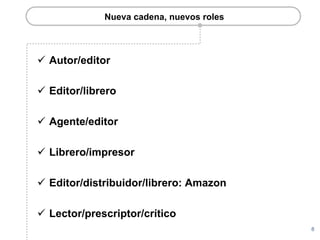Nueva cadena, nuevos roles



ü  Autor/editor

ü  Editor/librero

ü  Agente/editor

ü  Librero/impresor

ü  Editor/distribuidor/librero: Amazon

ü  Lector/prescriptor/crítico
                                            8
 
