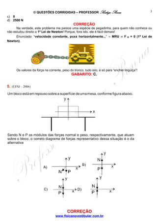 © QUESTÕES CORRIGIDAS – PROFESSOR Rodrigo Penna
c)
d)

3

0
2500 N

CORREÇÃO
Na verdade, este problema me parece uma espécie de pegadinha, para quem não conhece ou
não estudou direito a 1ª Lei de Newton! Porque, fora isto, ele é fácil demais!
Enunciado: “velocidade constante, puxa horizontalmente...” ⇒ MRU ⇒ F R = 0 (1ª Lei de
Newton).

Os valores da força na corrente, peso do tronco, tudo isto, é só para “encher lingüiça”!

GABARITO: C.
5. (UFSJ – 2006)

CORREÇÃO
www.fisicanovestibular.com.br

 