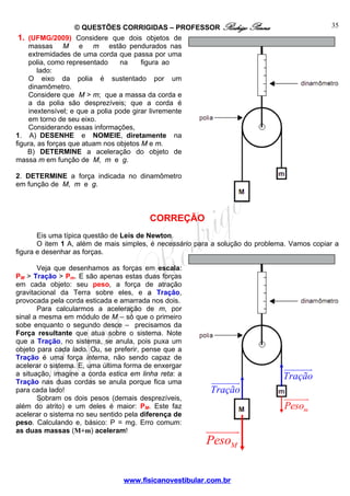 © QUESTÕES CORRIGIDAS – PROFESSOR Rodrigo Penna
1. (UFMG/2009) Considere que dois objetos de
massas M e m estão pendurados nas
extremidades de uma corda que passa por uma
polia, como representado
na
figura ao
lado:
O eixo da polia é sustentado por um
dinamômetro.
Considere que M > m; que a massa da corda e
a da polia são desprezíveis; que a corda é
inextensível; e que a polia pode girar livremente
em torno de seu eixo.
Considerando essas informações,
1. A) DESENHE e NOMEIE, diretamente na
figura, as forças que atuam nos objetos M e m.
B) DETERMINE a aceleração do objeto de
massa m em função de M, m e g.

35

2. DETERMINE a força indicada no dinamômetro
em função de M, m e g.

CORREÇÃO
Eis uma típica questão de Leis de Newton.
O item 1 A, além de mais simples, é necessário para a solução do problema. Vamos copiar a
figura e desenhar as forças.
Veja que desenhamos as forças em escala:
PM > Tração > Pm. E são apenas estas duas forças
em cada objeto: seu peso, a força de atração
gravitacional da Terra sobre eles, e a Tração,
provocada pela corda esticada e amarrada nos dois.
Para calcularmos a aceleração de m, por
sinal a mesma em módulo de M – só que o primeiro
sobe enquanto o segundo desce – precisamos da
Força resultante que atua sobre o sistema. Note
que a Tração, no sistema, se anula, pois puxa um
objeto para cada lado. Ou, se preferir, pense que a
Tração é uma força interna, não sendo capaz de
acelerar o sistema. E, uma última forma de enxergar
a situação, imagine a corda estica em linha reta: a
Tração nas duas cordas se anula porque fica uma
para cada lado!
Sobram os dois pesos (demais desprezíveis,
além do atrito) e um deles é maior: PM. Este faz
acelerar o sistema no seu sentido pela diferença de
peso. Calculando e, básico: P = mg. Erro comum:
as duas massas (M+m) aceleram!

Tração
Tração

Pesom

PesoM
www.fisicanovestibular.com.br

 