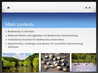 Main contents
 Biodiversity in Viet Nam
 National Policies and Legislation on Biodiversity mainstreaming
 Institutional...