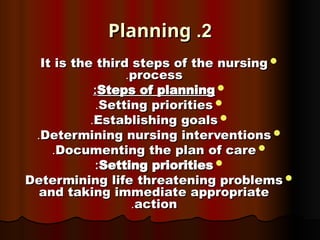 2
2
.
.
Planning
Planning

It is the third steps of the nursing
It is the third steps of the nursing
process
process
.
.

Steps of planning
Steps of planning
:
:

Setting priorities
Setting priorities
.
.

Establishing goals
Establishing goals
.
.

Determining nursing interventions
Determining nursing interventions
.
.

Documenting the plan of care
Documenting the plan of care
.
.

Setting priorities
Setting priorities
:
:

Determining life threatening problems
Determining life threatening problems
and taking immediate appropriate
and taking immediate appropriate
action
action
.
.
 