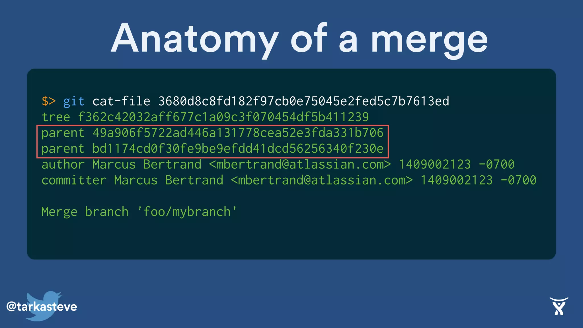 @tarkasteve
$> git cat-file 3680d8c8fd182f97cb0e75045e2fed5c7b7613ed
tree f362c42032aff677c1a09c3f070454df5b411239
parent 49a906f5722ad446a131778cea52e3fda331b706
parent bd1174cd0f30fe9be9efdd41dcd56256340f230e
author Marcus Bertrand <mbertrand@atlassian.com> 1409002123 -0700
committer Marcus Bertrand <mbertrand@atlassian.com> 1409002123 -0700
Merge branch 'foo/mybranch'
Anatomy of a merge
 