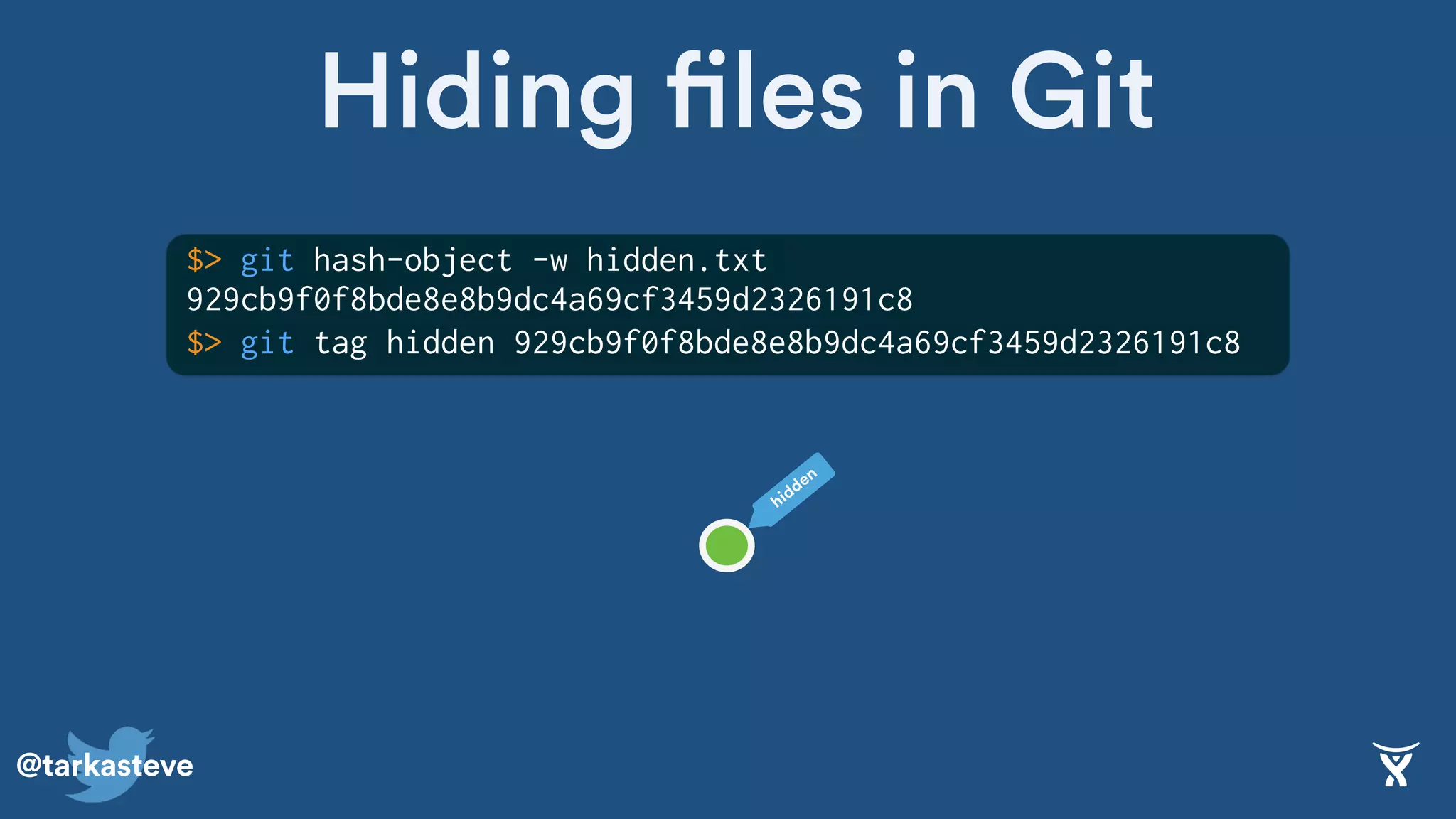 @tarkasteve
Hiding files in Git
hidden
$> git hash-object -w hidden.txt
929cb9f0f8bde8e8b9dc4a69cf3459d2326191c8
$> git tag hidden 929cb9f0f8bde8e8b9dc4a69cf3459d2326191c8
 