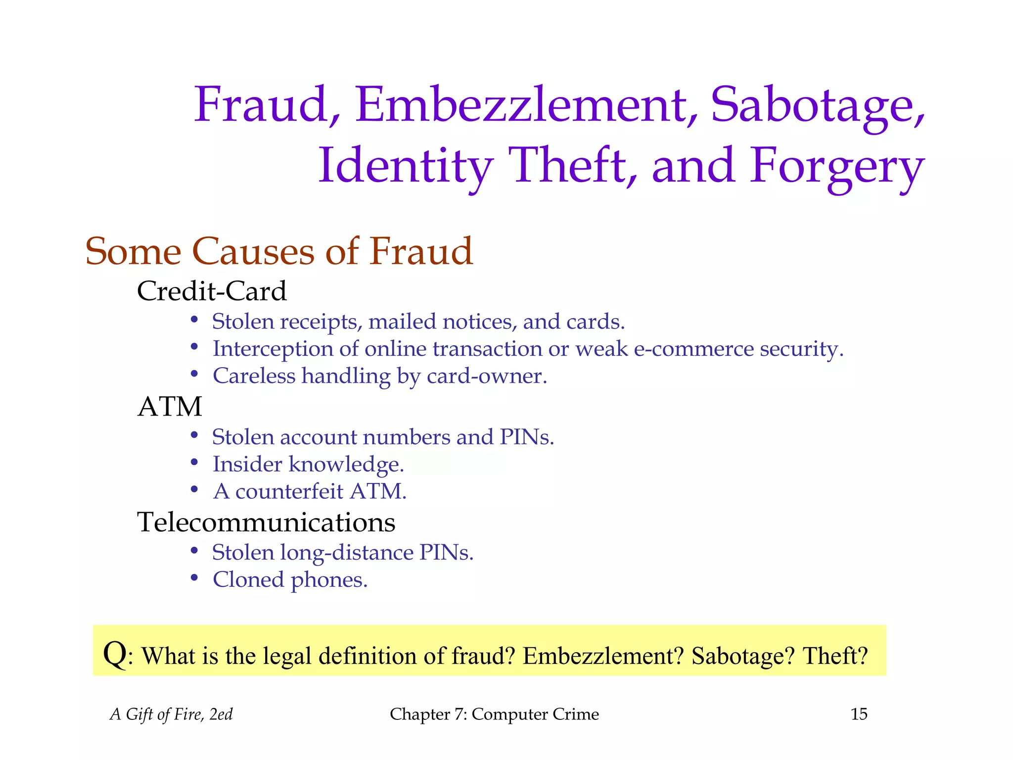 A Gift of Fire, 2ed Chapter 7: Computer Crime 15
Fraud, Embezzlement, Sabotage,
Identity Theft, and Forgery
Some Causes of Fraud
Credit-Card
• Stolen receipts, mailed notices, and cards.
• Interception of online transaction or weak e-commerce security.
• Careless handling by card-owner.
ATM
• Stolen account numbers and PINs.
• Insider knowledge.
• A counterfeit ATM.
Telecommunications
• Stolen long-distance PINs.
• Cloned phones.
Q: What is the legal definition of fraud? Embezzlement? Sabotage? Theft?
 