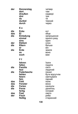 138
der 	Donnerstag	 четвер
	 dort	 там
	 draußen	 надворі
	 drei	 три
	 du	 ти
	 dunkel	 темний
	 durch 	 через
	E e
die 	Ecke	 кут
das 	Ei	 яйце
die 	Einladung	 запрошення
	 einmal	 одного разу
	 eins	 один
der 	Elefant	 слон
die 	Eltern	 батьки
	 er	 він
die 	Erde	 земля
	 es	 воно
	 euch	 вам
	 F f
	 fahren	 їхати
	 fallen 	 падати
die 	 Familie	 сім’я
	 faul	 ледачий
die 	 Federtasche	 пенал
	 fehlen 	 бути відсутнім
	 feiern	 святкувати
	 fein	 гарний
das 	 Feld	 поле
das 	 Fenster	 вікно
die 	 Ferien	 канікули
die 	 Ferne	 далечінь
	 fertig	 готовий
das 	 Fest	 свято
der 	 Fisch	 риба
	 fleißig	 старанний
 